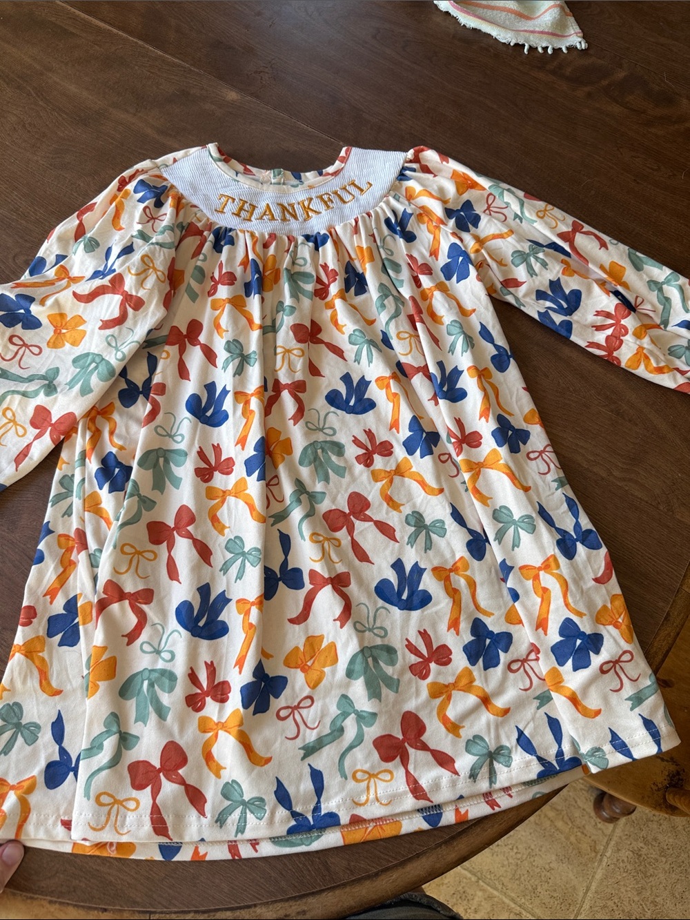 Thankful White Kids Dress with Colorful Bow Print